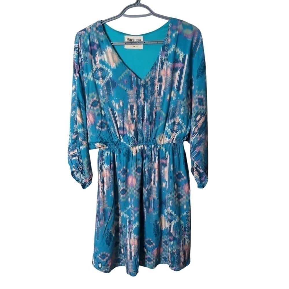 Savanna Jane Size Medium Blue Printed Puff Sleeve Elastic Waist Dress‎